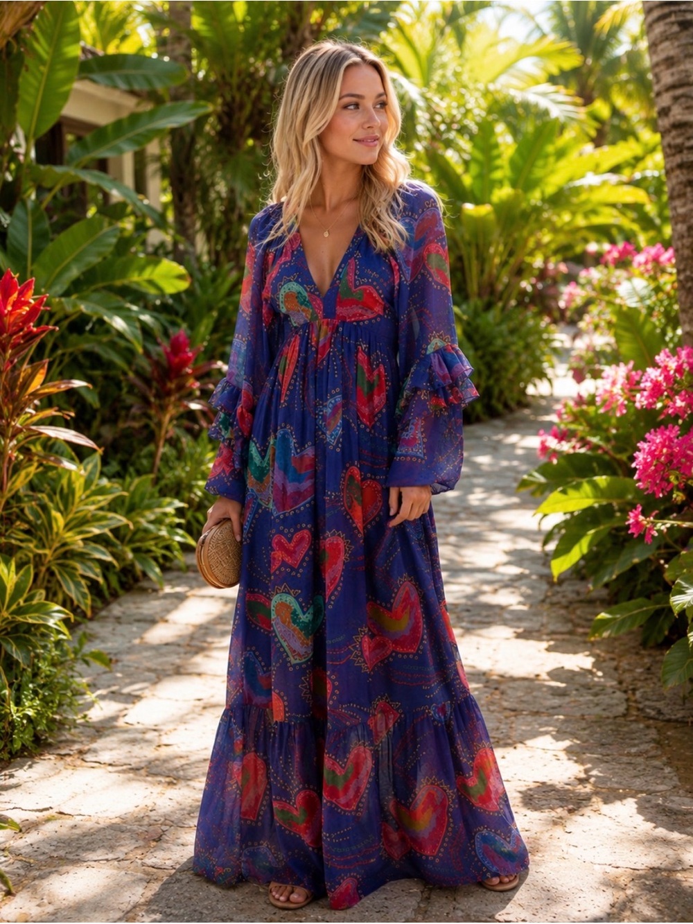 FARM Rio Blue Maxi Dress with Multicolor Heart Print